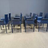 Postmodern blue leather dining chairs Italy, 1980s set of 8