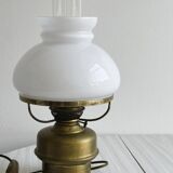 Vintage brass lamp with white opaline glass shade.