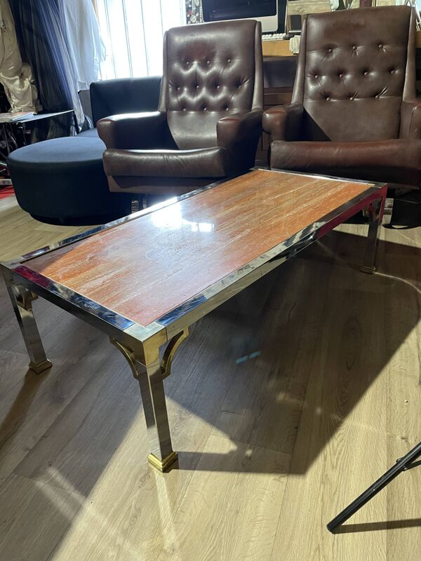 Table basse vintage acier chromé et laiton plateau en marbre Italie vers 1970