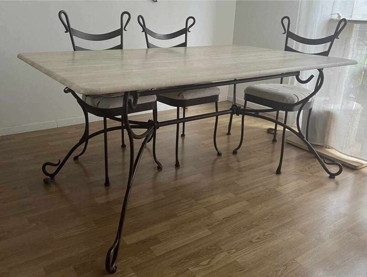 Travertine and wrought iron dining table + 8 chairs