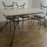 Travertine and wrought iron dining table + 8 chairs