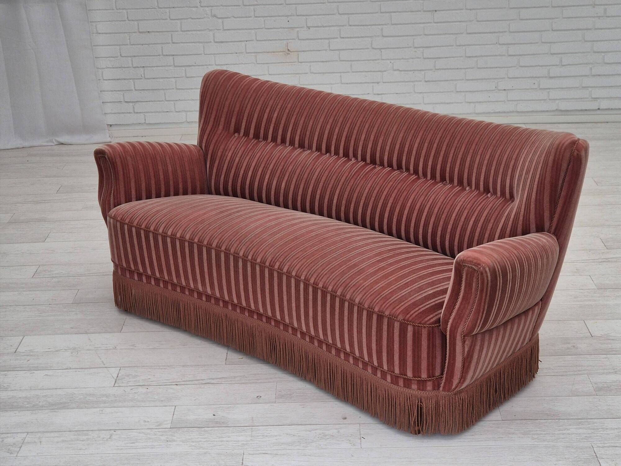 1960s, Danish 3-seater curved sofa, pink-salmon furniture velour, original.