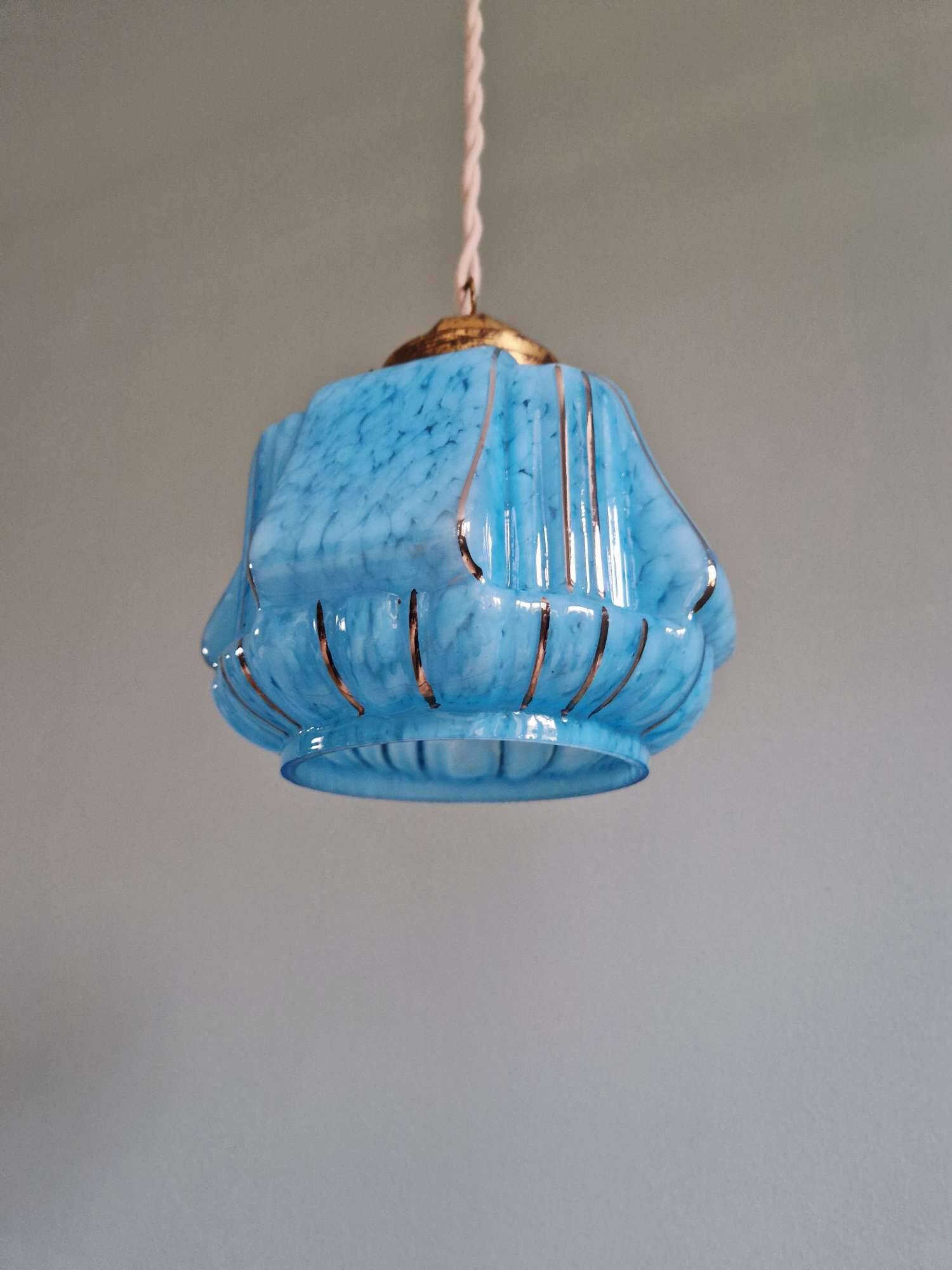 Suspension art déco en verre moucheté bleu, années 1920-30