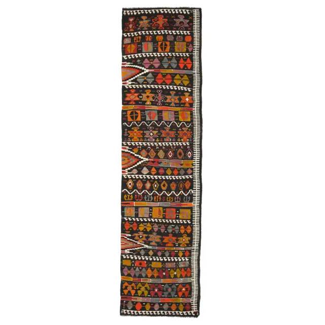 1970s Vintage Turkish Oushak Handmade Wool Cotton Brown Runner Rug 95x367
