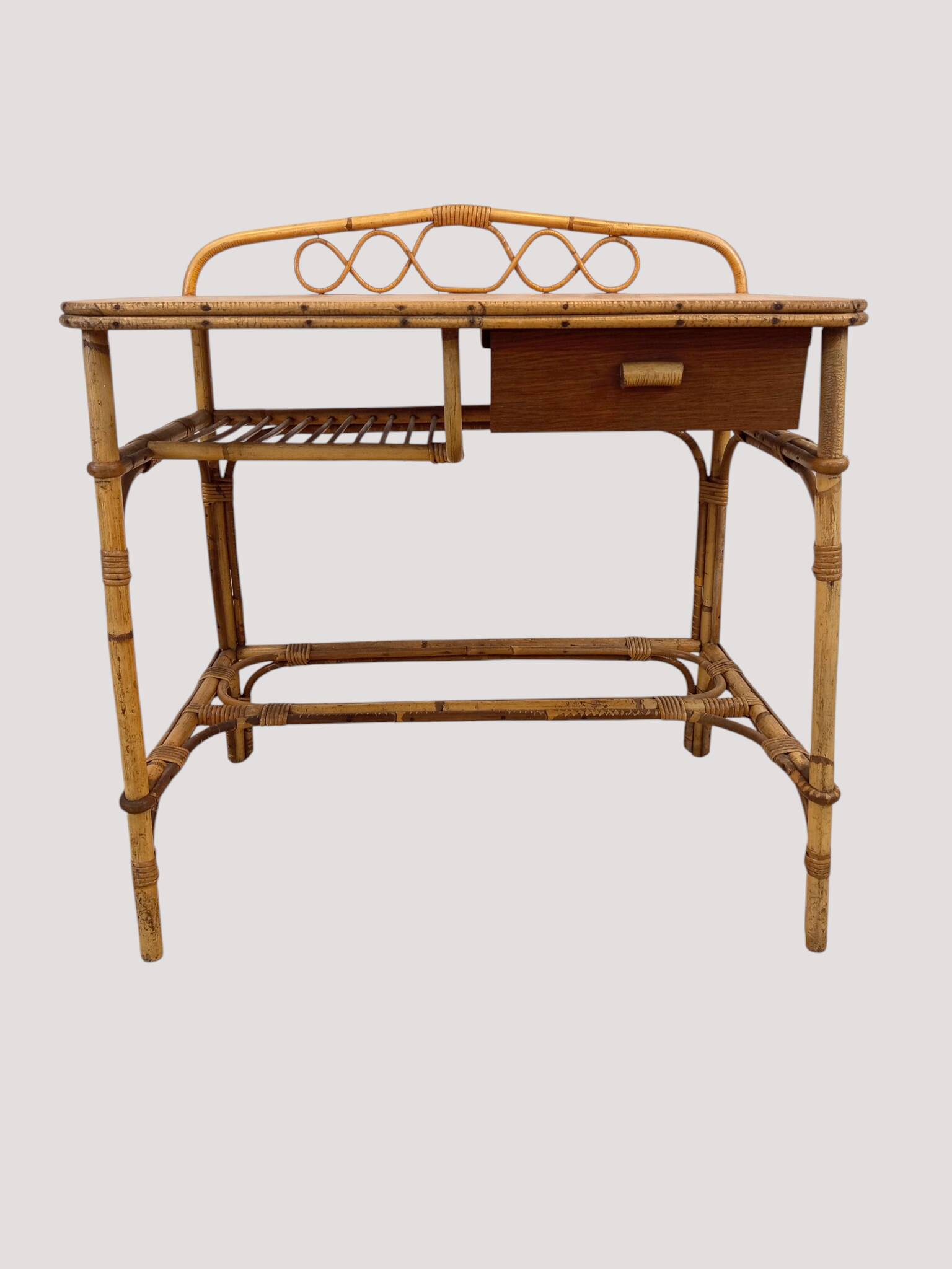 Vintage rattan and bamboo desk or dressing table (81x47 cm) – Riviera style,
