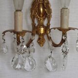 Pair of antique 2-light wall sconces in bronze with crystal pendants, Spain.