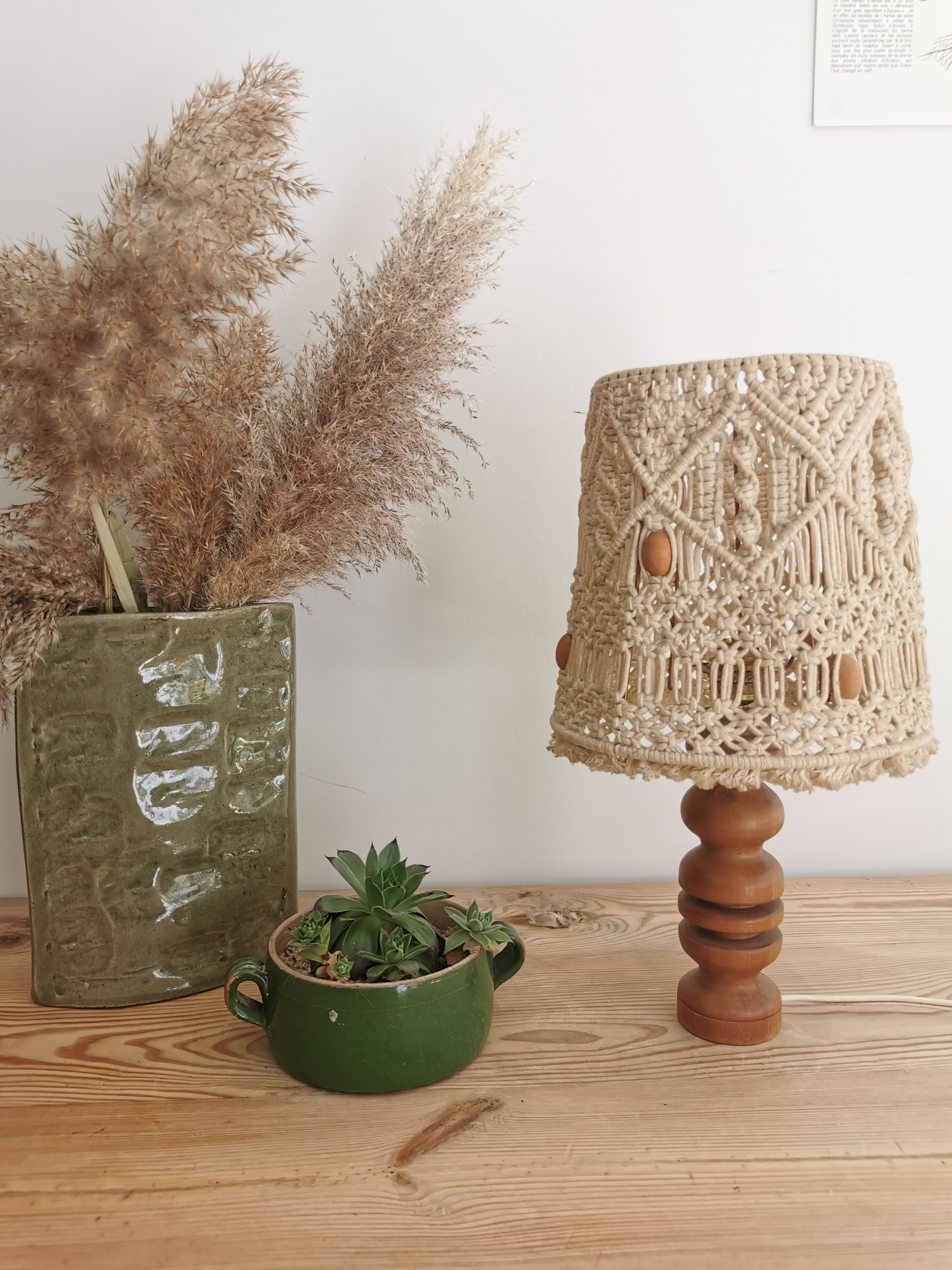 Lampe macramé vintage pied bois