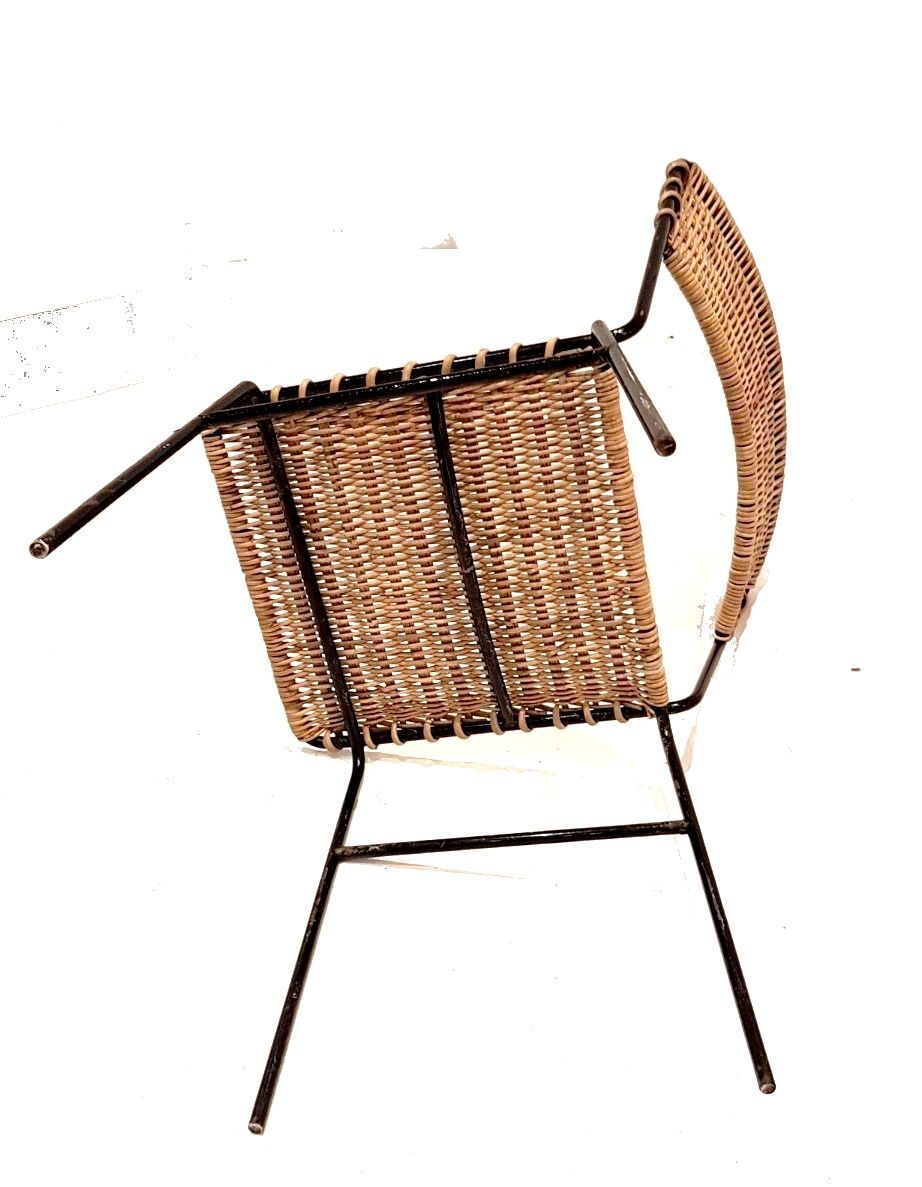 Set de 4 chaise de terrasse en rotin & fer forgé 1960s