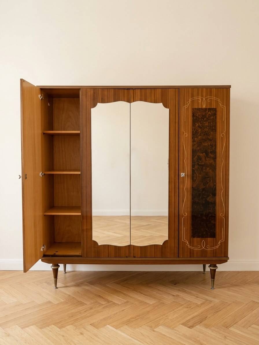 1970s vintage wooden wardrobe with mirrors