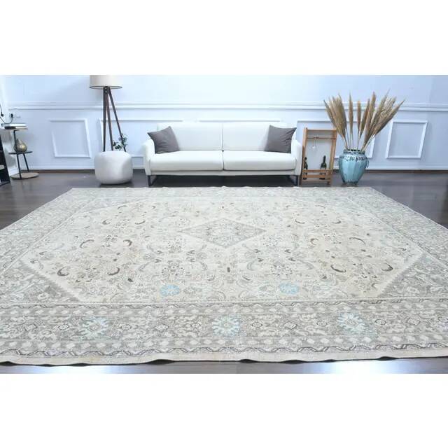 1970s Vintage Persian Handmade Wool Cotton Light Brown Area Rug 302x394