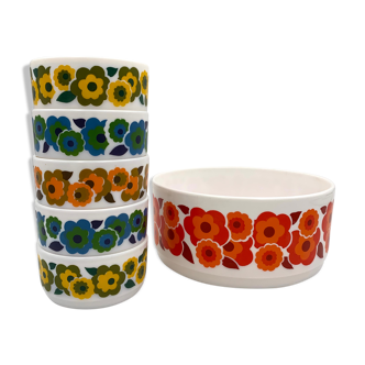 Opaline dessert service, "lotus" model, salad bowl, ramekins, 1970