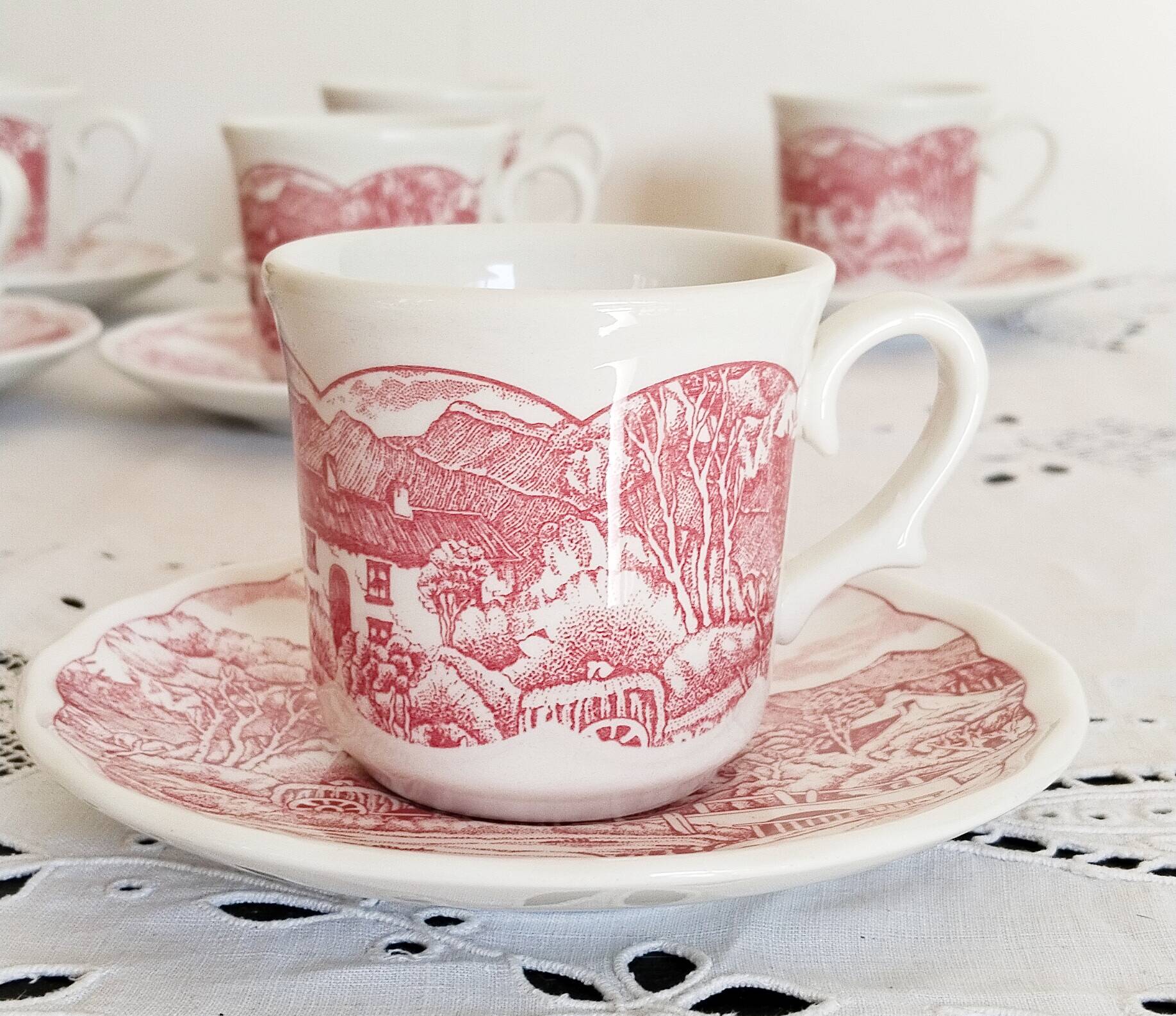 Vintage red earthenware coffee set, Swiss Landscape, Italy