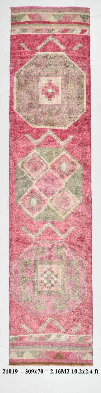 Pink Cream Turkish Runner Rug, 70x309Cm