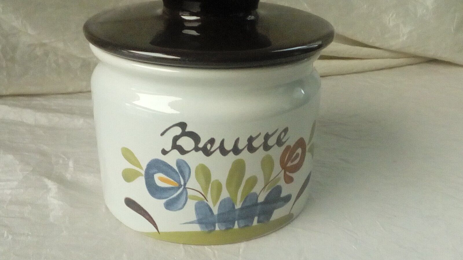 Water butter dish in faiece desvres gabriel fourmaintreau decor chaumiere