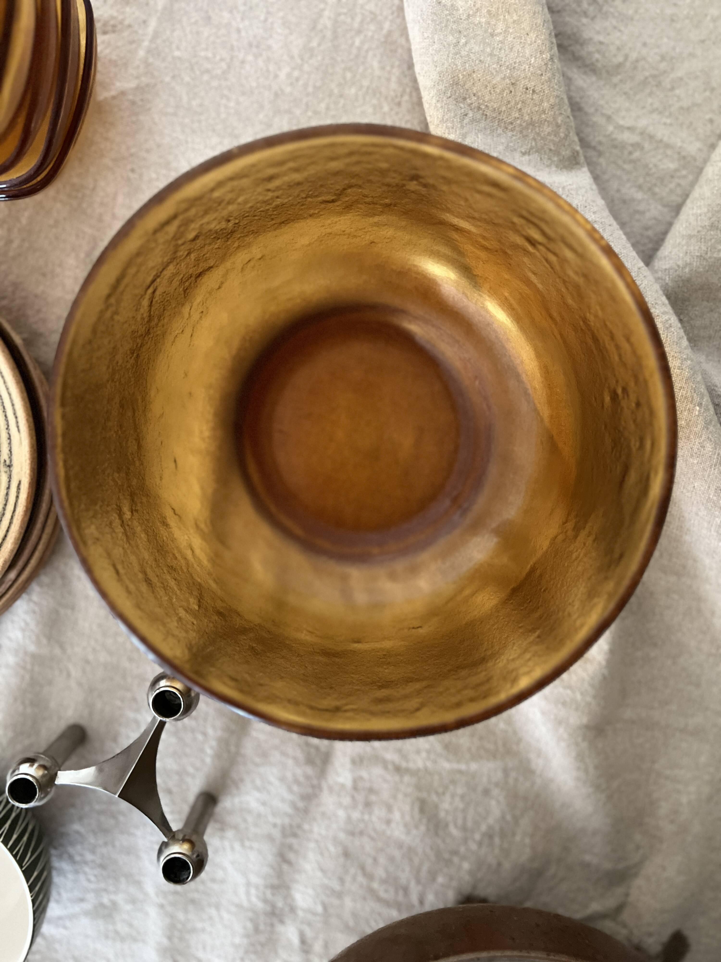 large vintage salad bowl in smoked and amber glass, France 1970