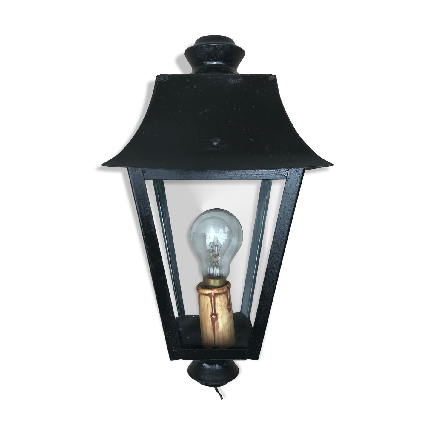 Lampadaire ancien lanterne métal noir + plaques verre années 70 vintage
