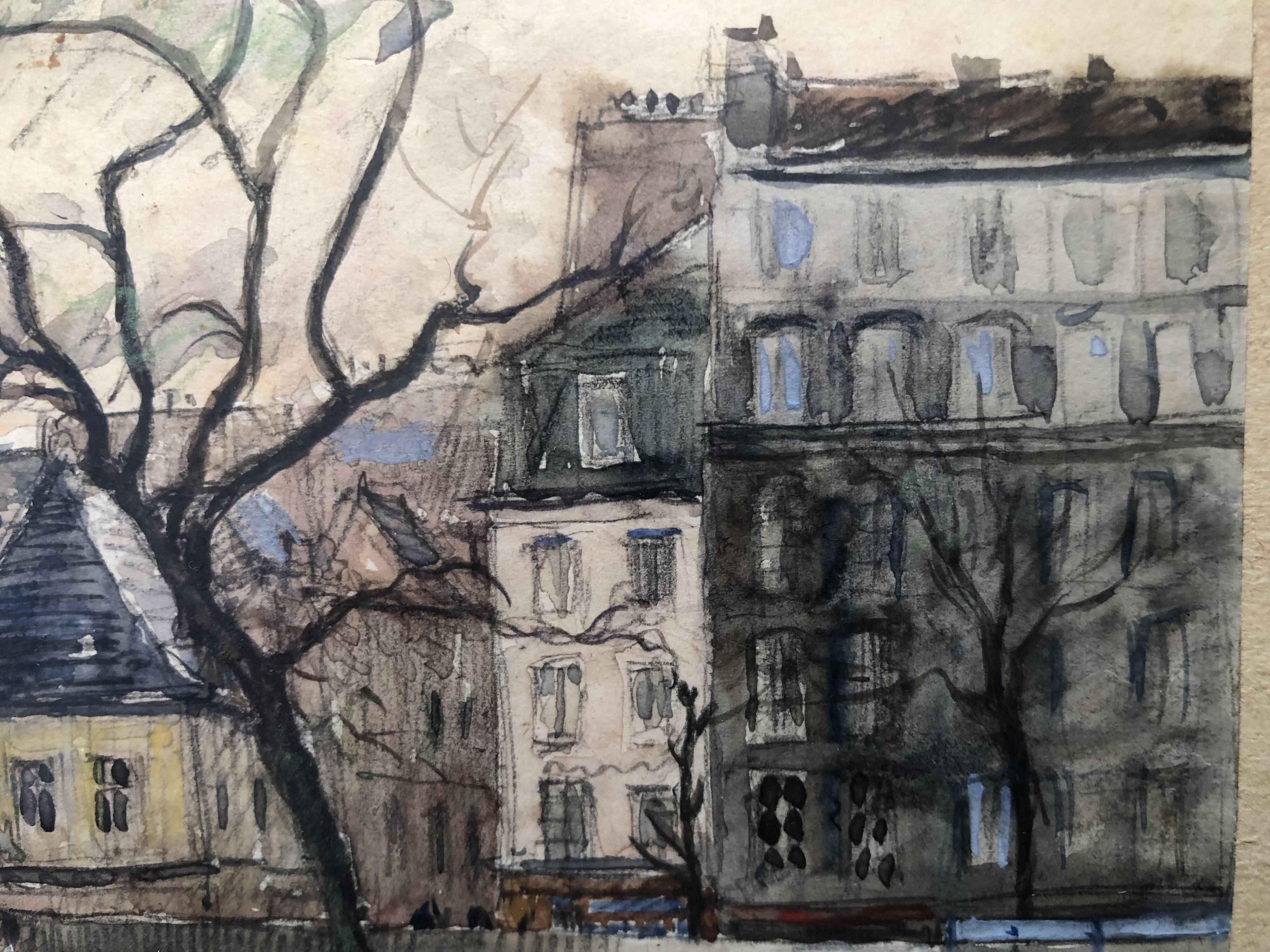 Watercolor on paper: rue des bernardins paris signed rouxel 1944, frame, quai tournelle seine 75