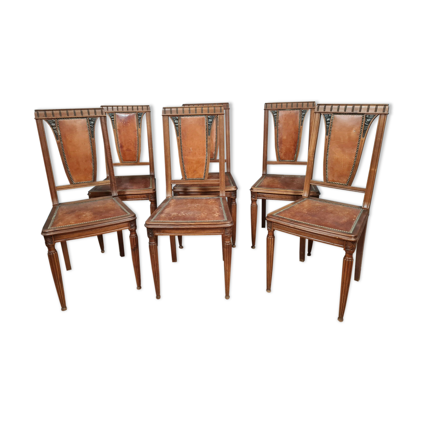 Series of 6 Art Deco period chairs in solid walnut with blonde patina