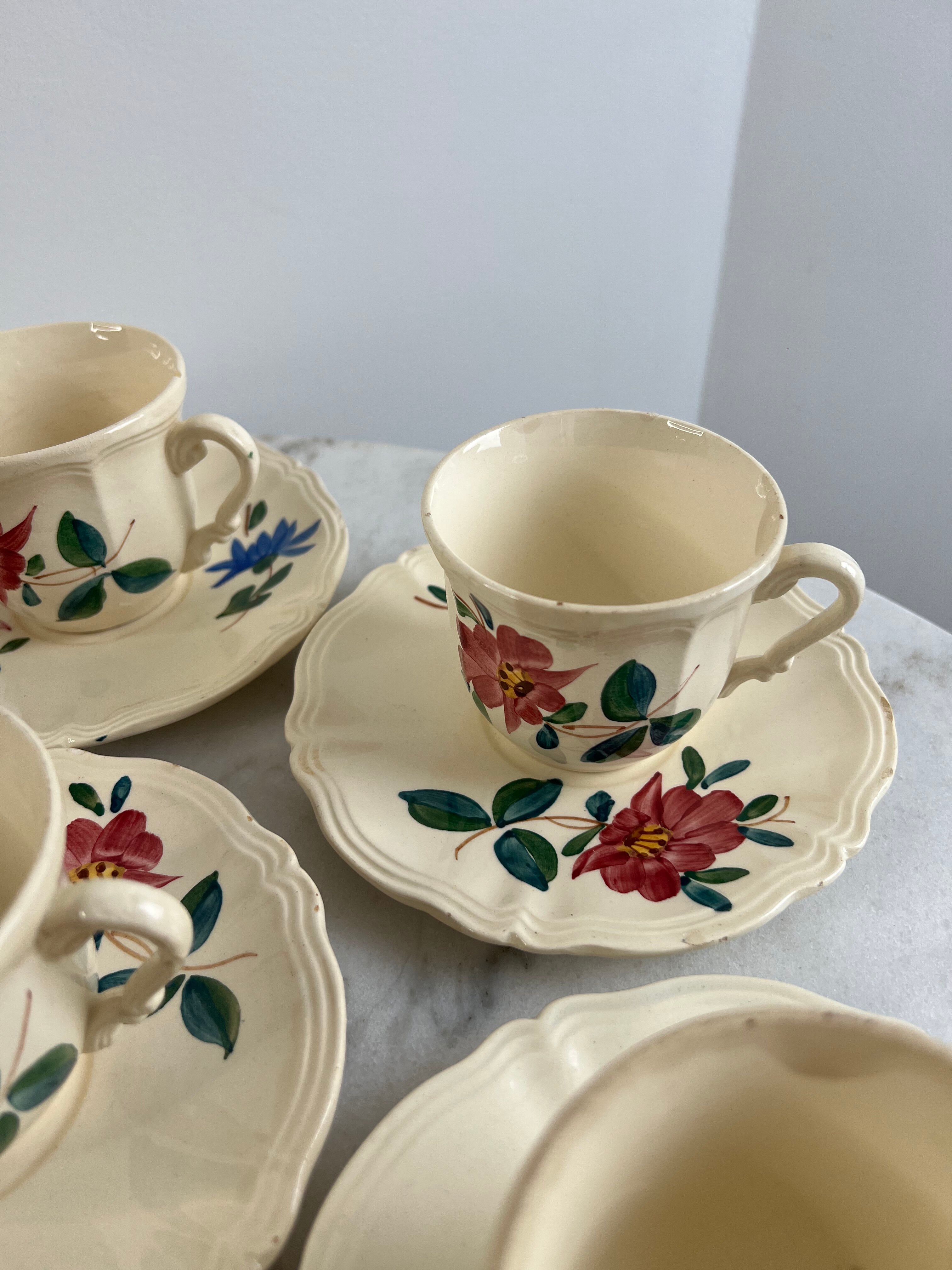 Set of 8 hand-painted coffee cups Sarreguemines Terre de fer
