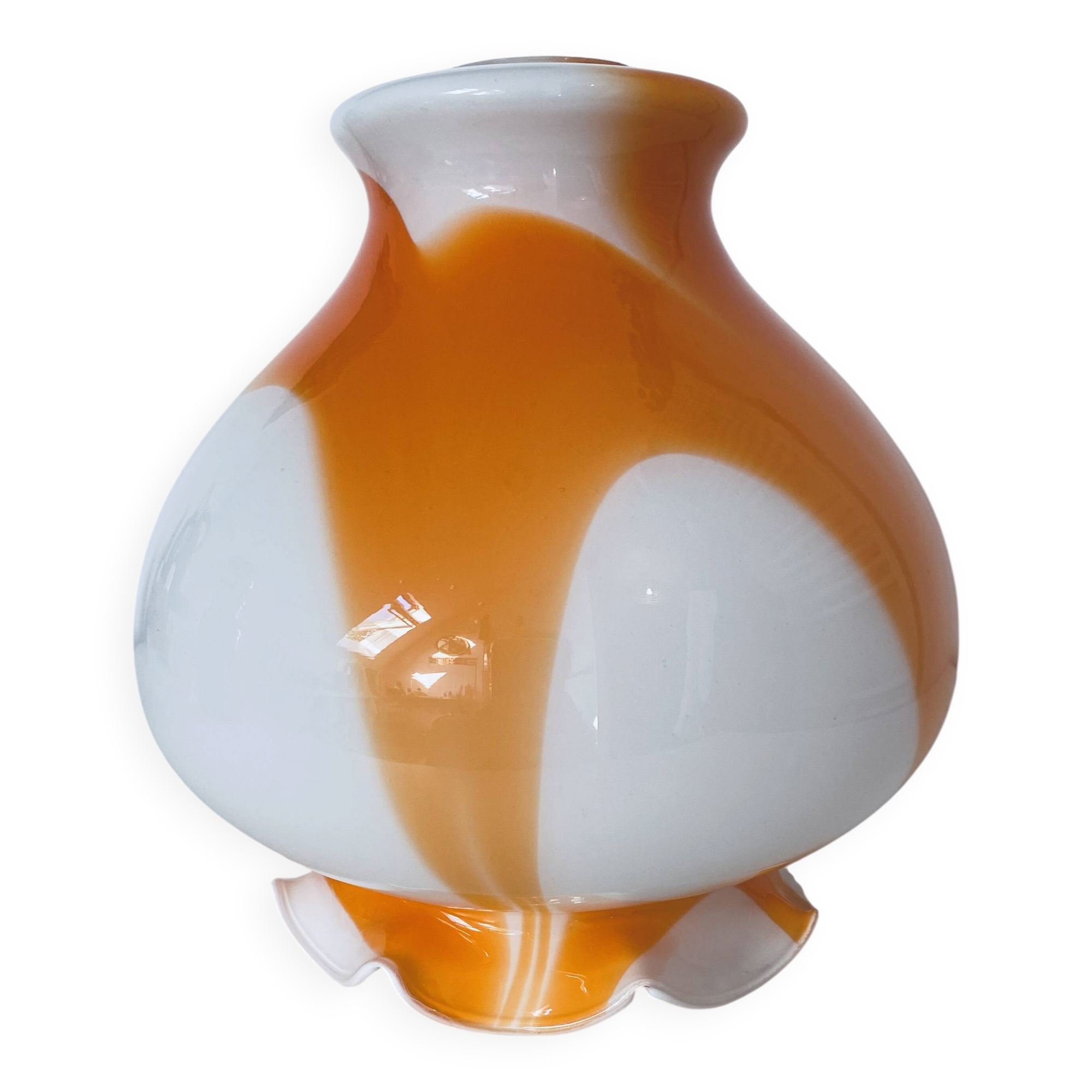 Globe lampshade in orange and white glass, vintage 1970s Space Age.