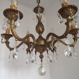 French Mid-Century Bronze 6-Light Chandelier with Crystal Droplets 5491