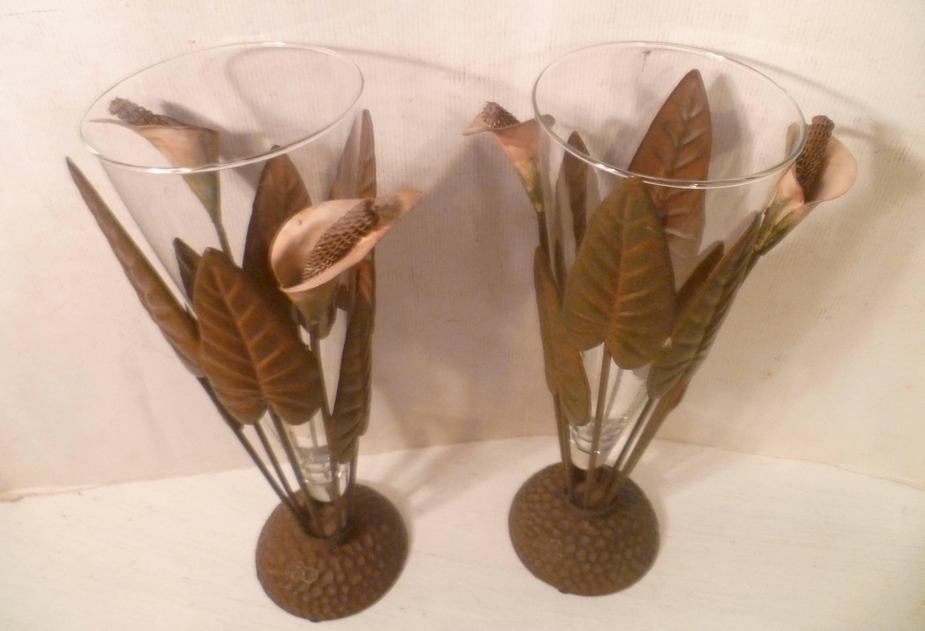 Paire vases  coupes verre souffle & monture fer forge "arum" vintage