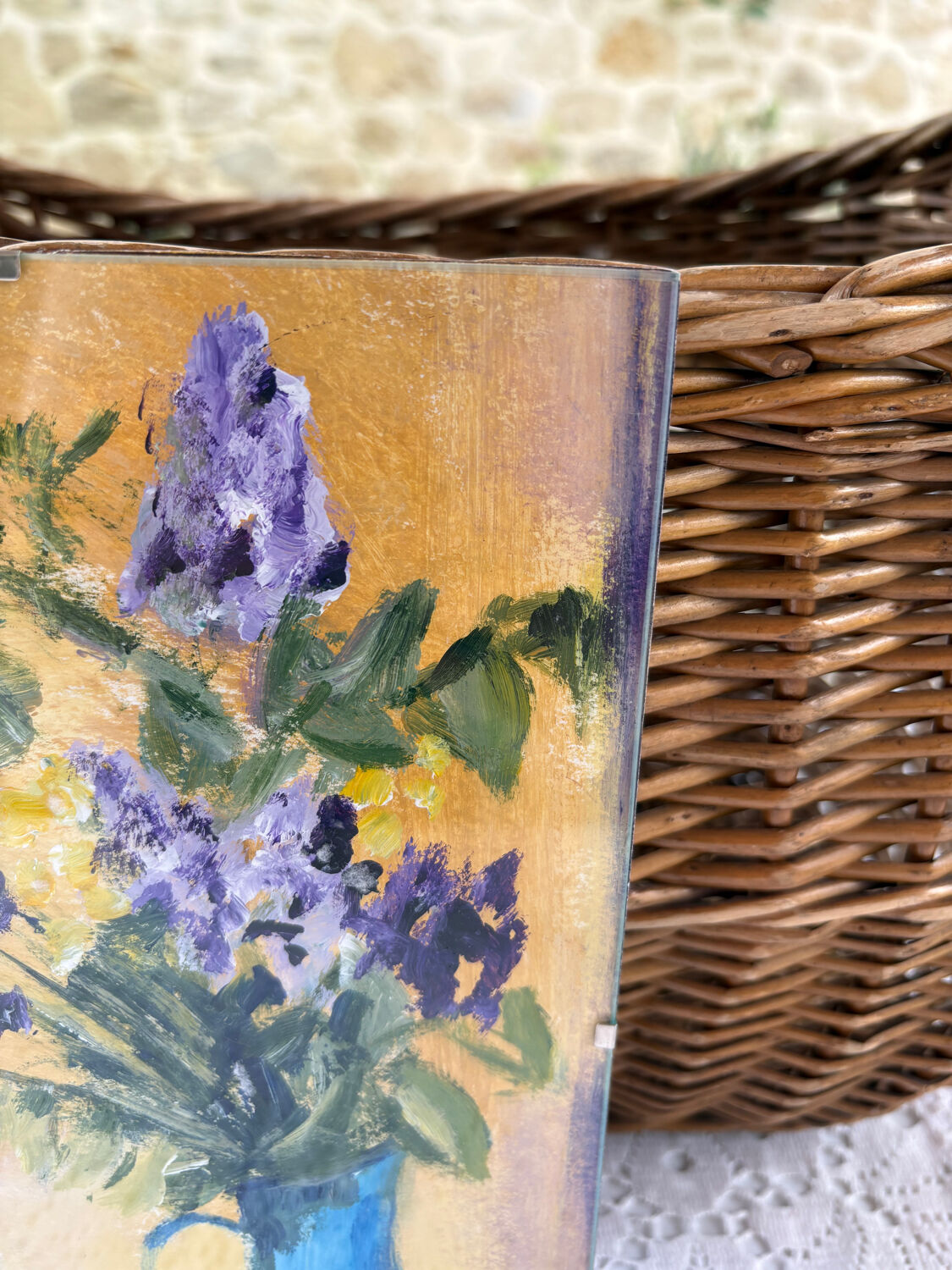 Acrylic painting of flowers in a jug.