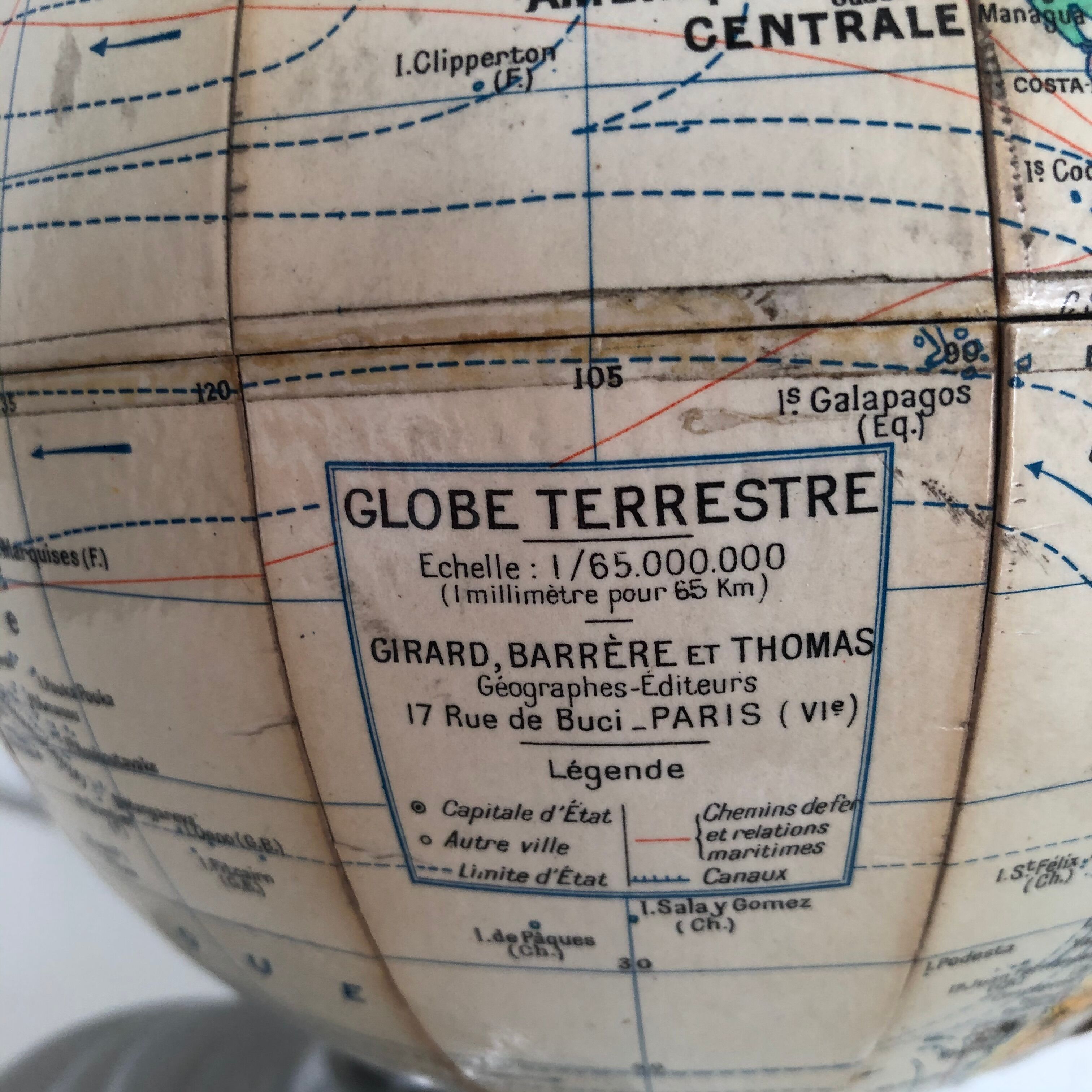 Vintage Globe 1950 Earth Girard Barrère Cream - 28 cm
