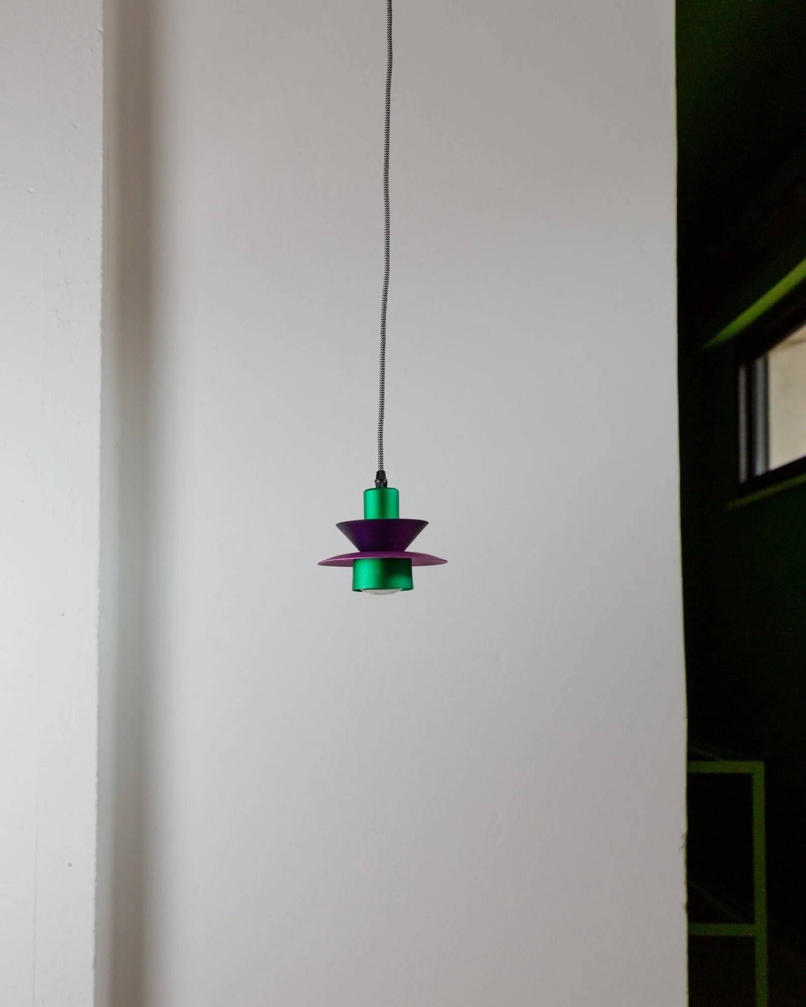 Vintage ceiling suspension in aluminium - 1980s, postmodern Memphis style - purple and green, striped cable, zigzag.