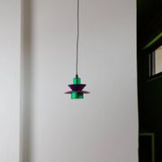 Vintage ceiling suspension in aluminium - 1980s, postmodern Memphis style - purple and green, striped cable, zigzag.