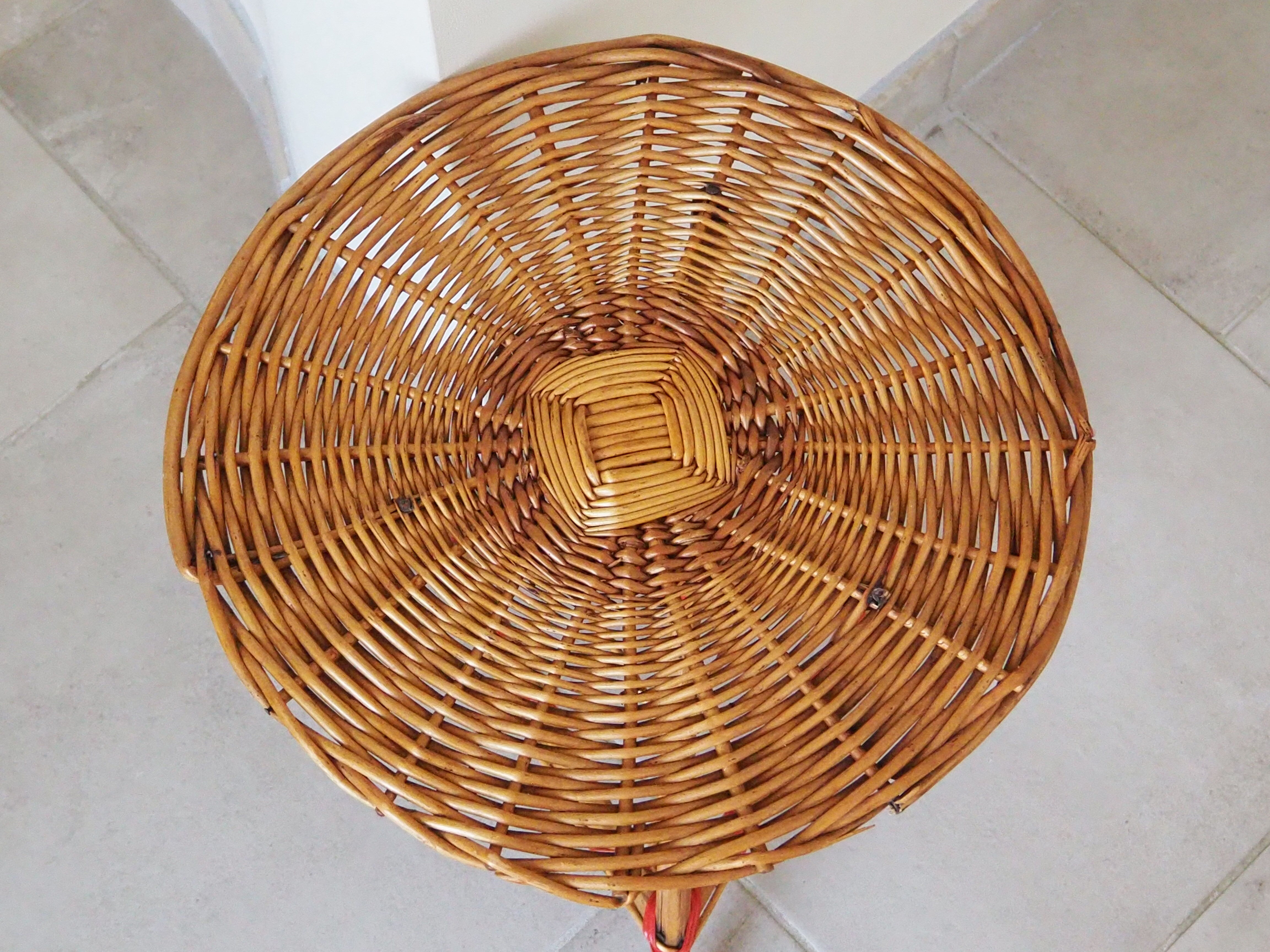 Bolster / pedestal table in tripod rattan 1960s-1970s
