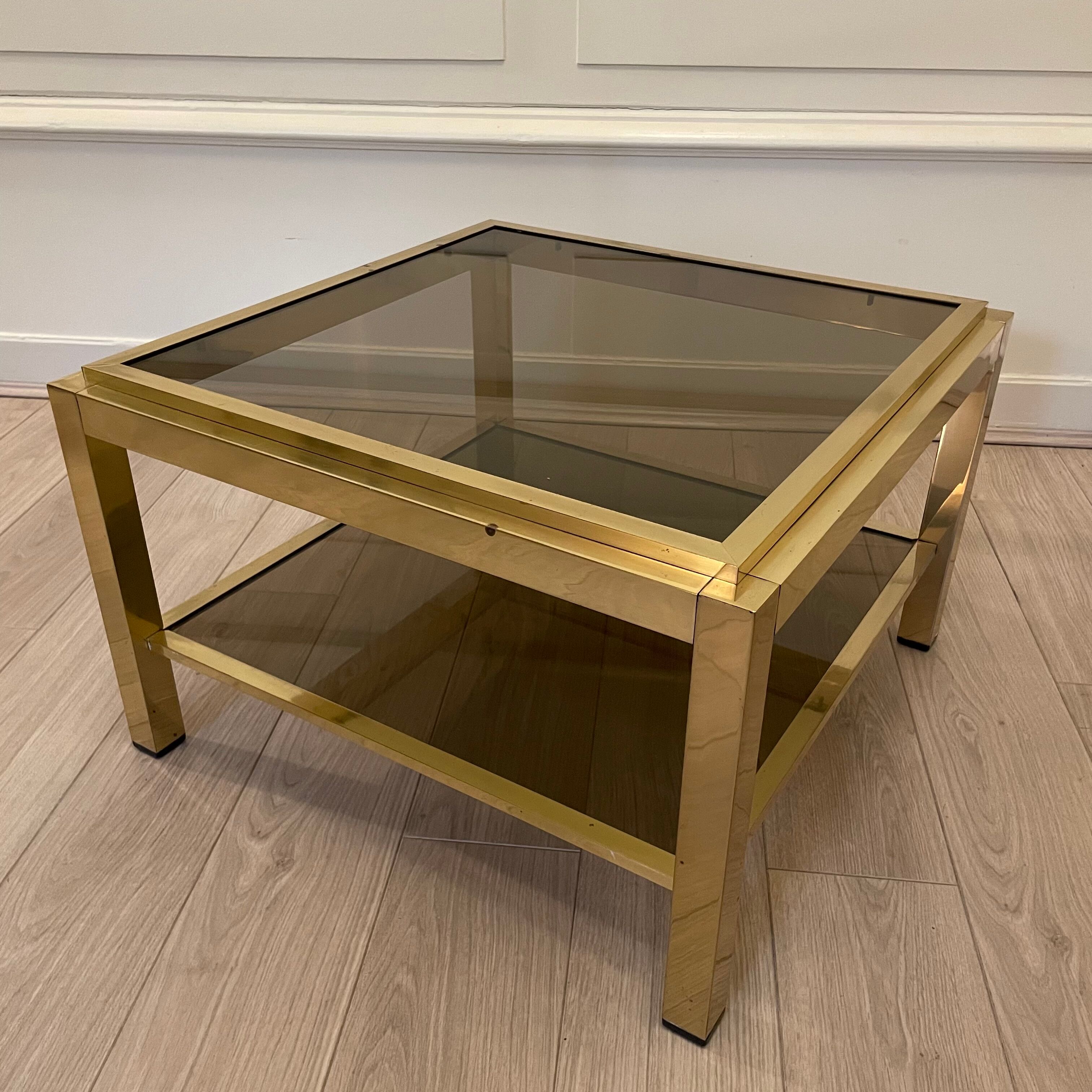 Brass coffee table, double trays in smoked glass, 1970
