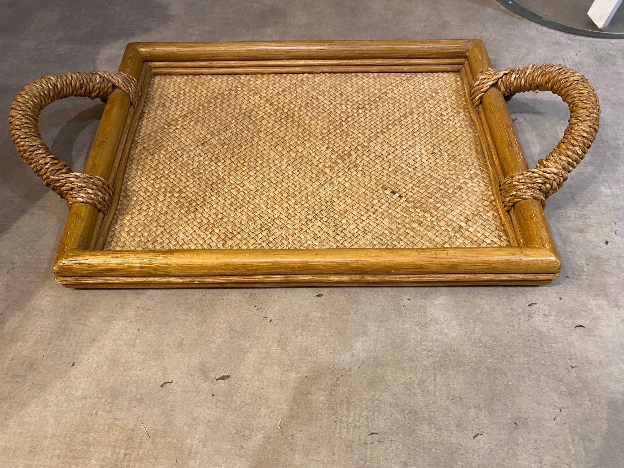 Rectangular rattan and weaved mat tray with double handles