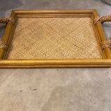 Rectangular rattan and weaved mat tray with double handles