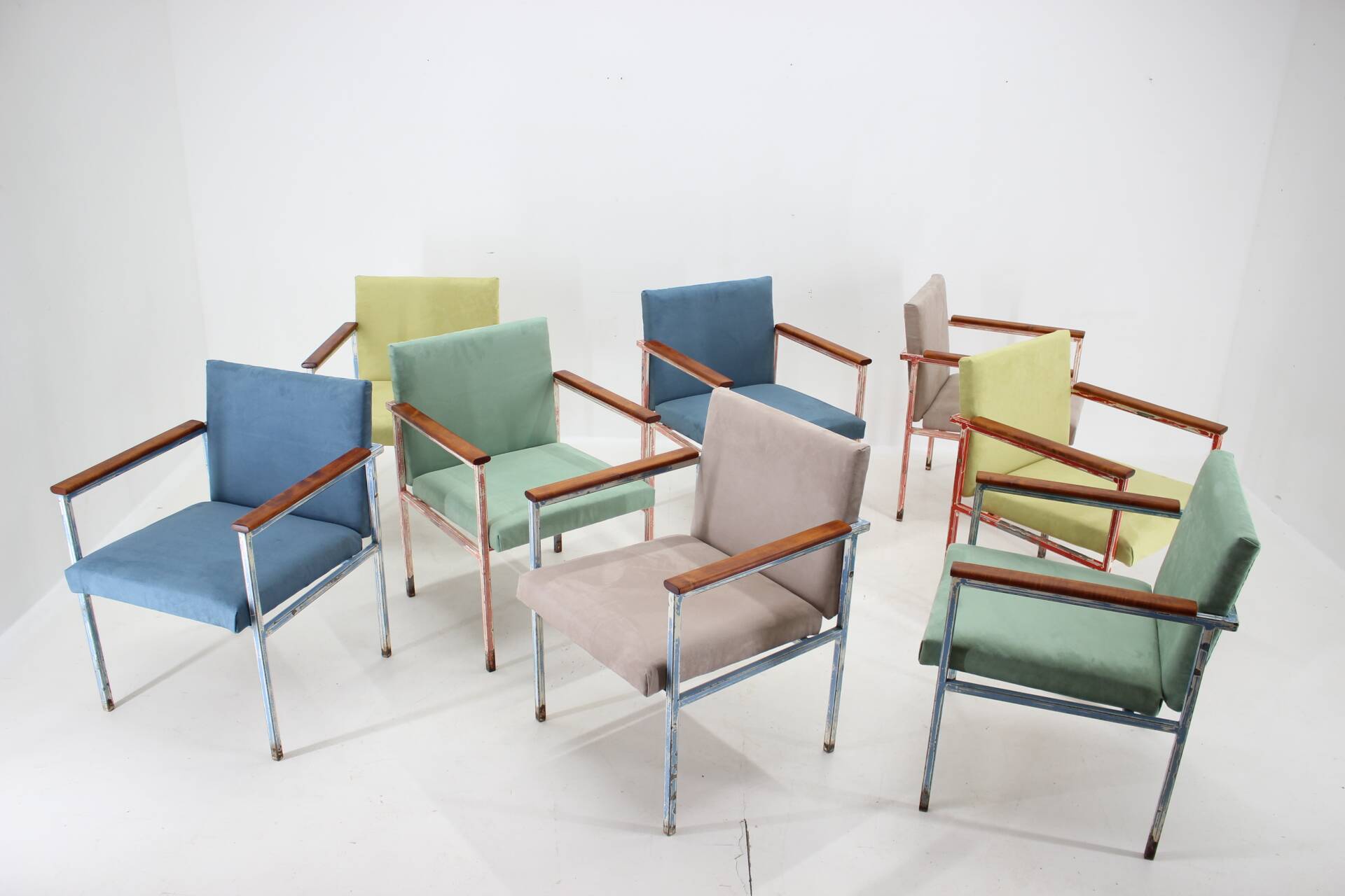 1960s Set of Eight Iron and Wood Armchairs/Dining Chairs,Czechoslovakia