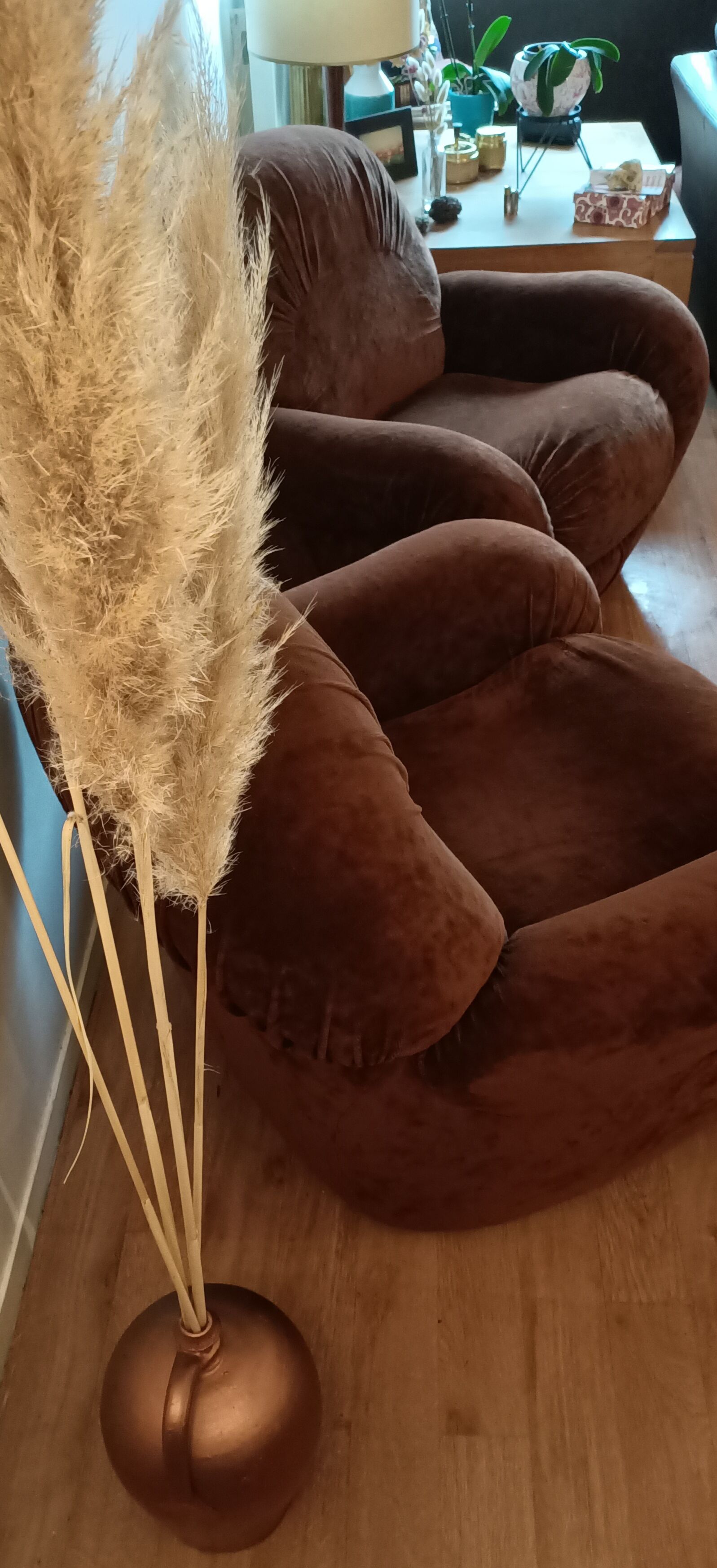 2 vintage velvet lounge chairs 70s
