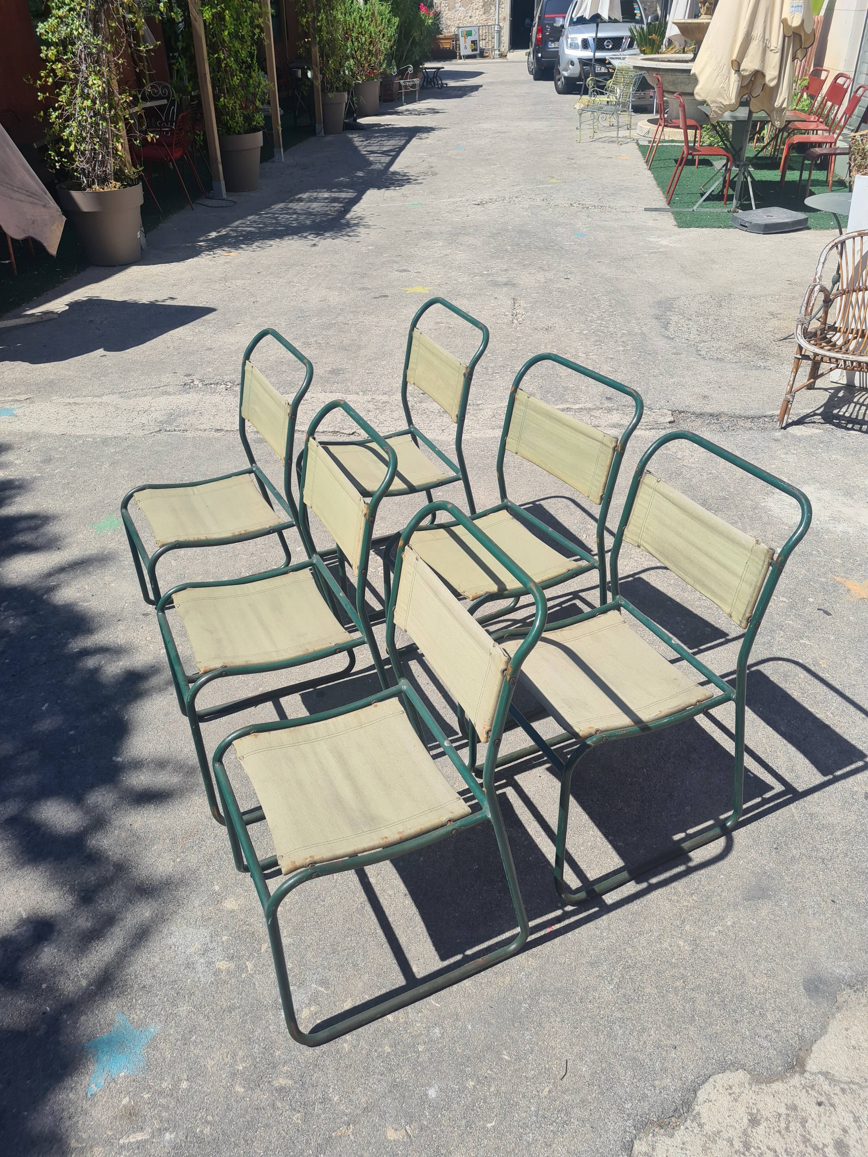 Series of 6 stackable military chairs modernist canvas and metal