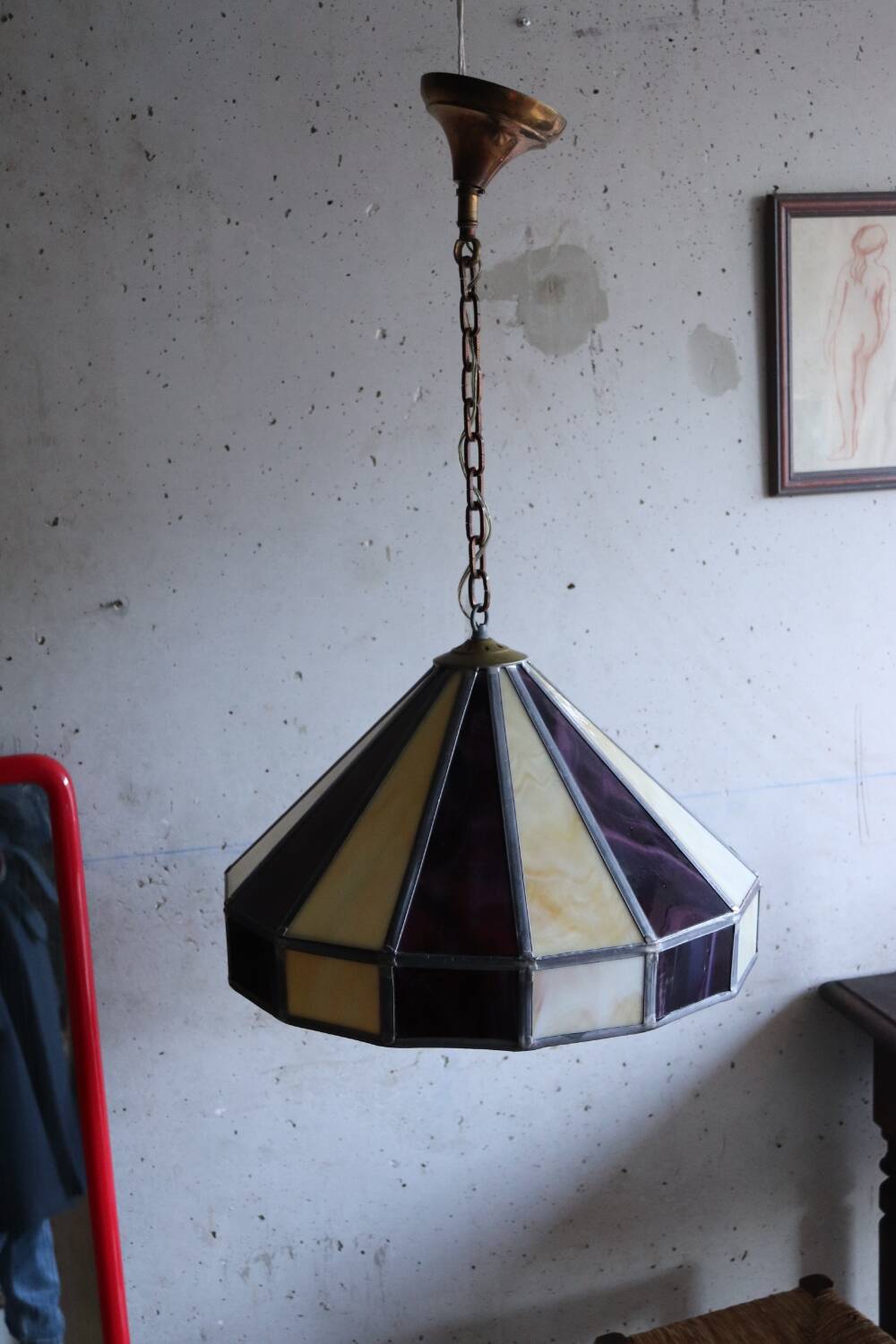Large cream and purple tiffany style art deco pendant light