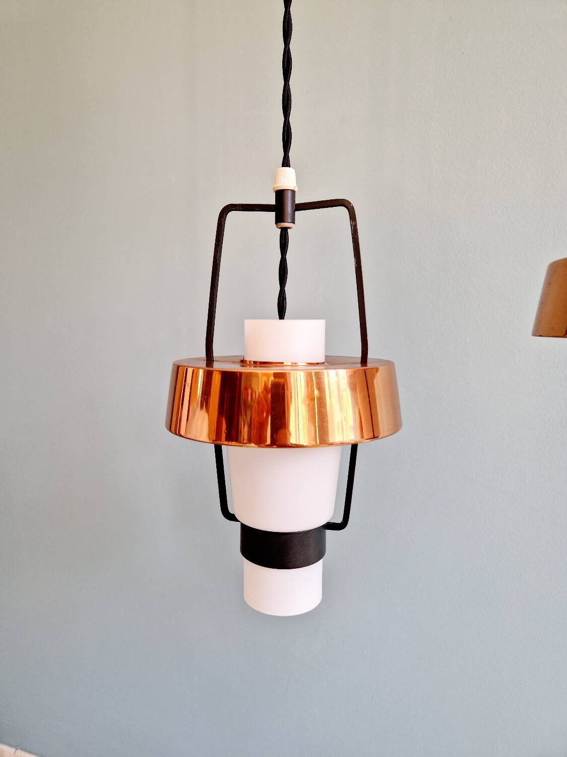 Trio of Scandinavian pendant lights in opaline and copper metal, 1960s