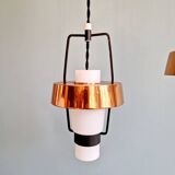 Trio of Scandinavian pendant lights in opaline and copper metal, 1960s