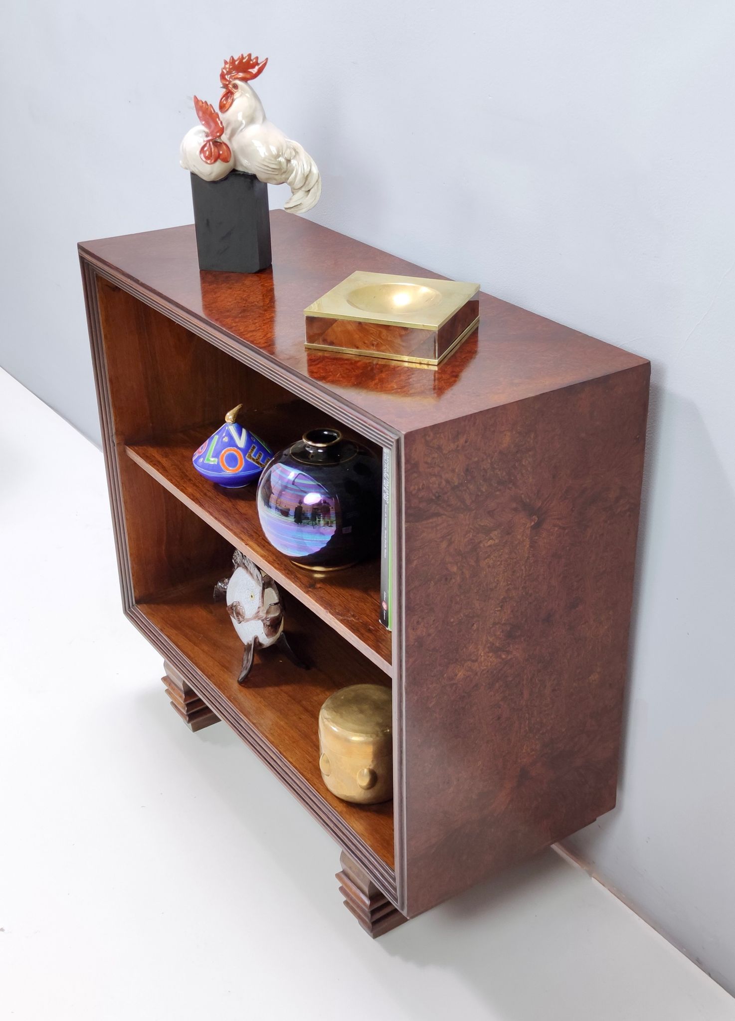 Vintage small walnut and birch root art deco bookcase, italy