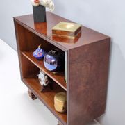 Vintage small walnut and birch root art deco bookcase, italy