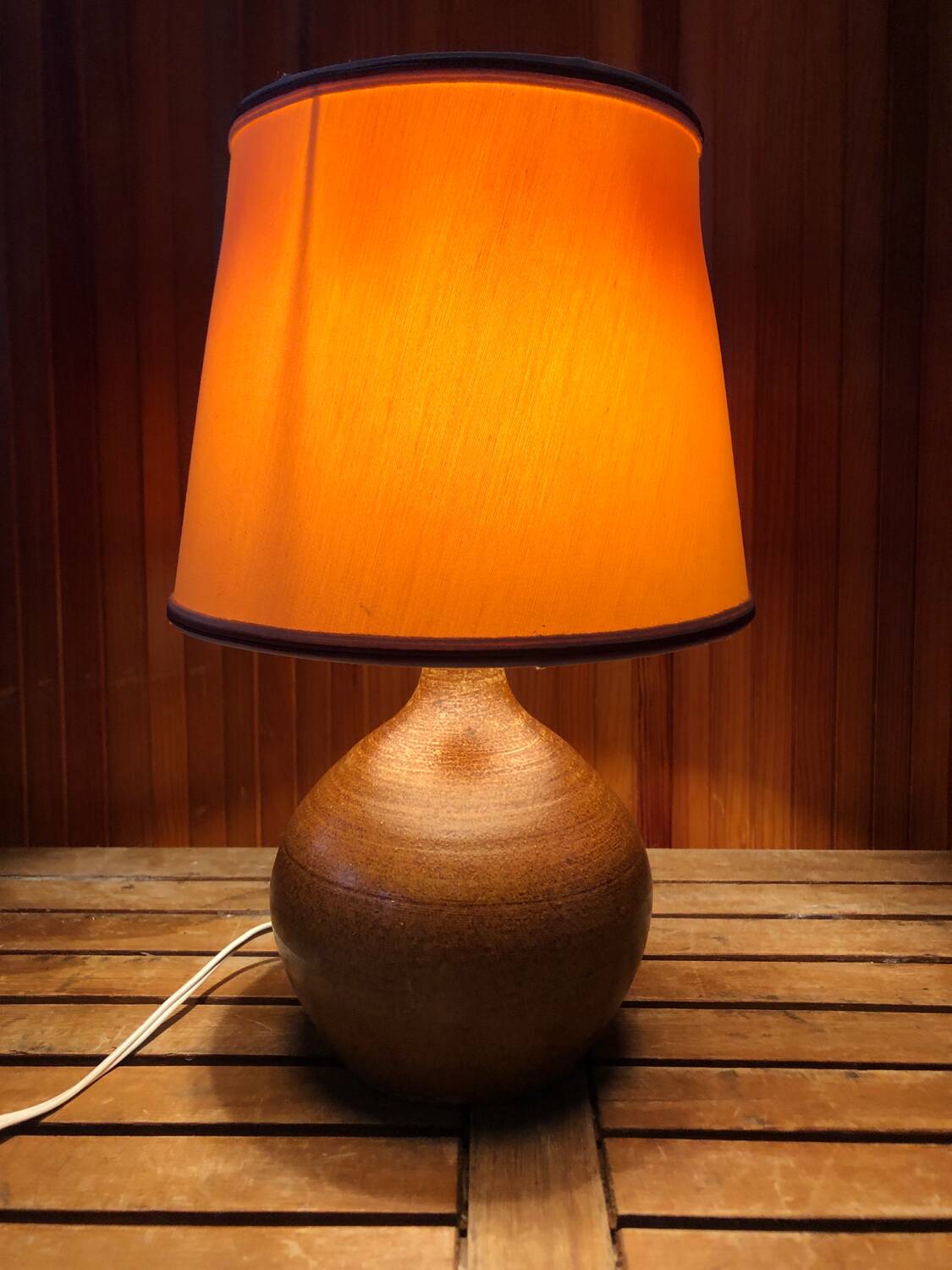 Ancienne lampe boule en grès + abat-jour blanc vintage #a549