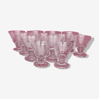 12 old conical glasses engraved grape