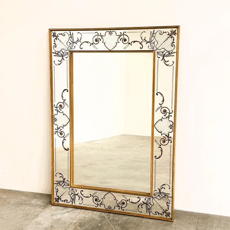 Large Vintage French Bistro Mirror with Hand-Painted Decoration and Gold Frame