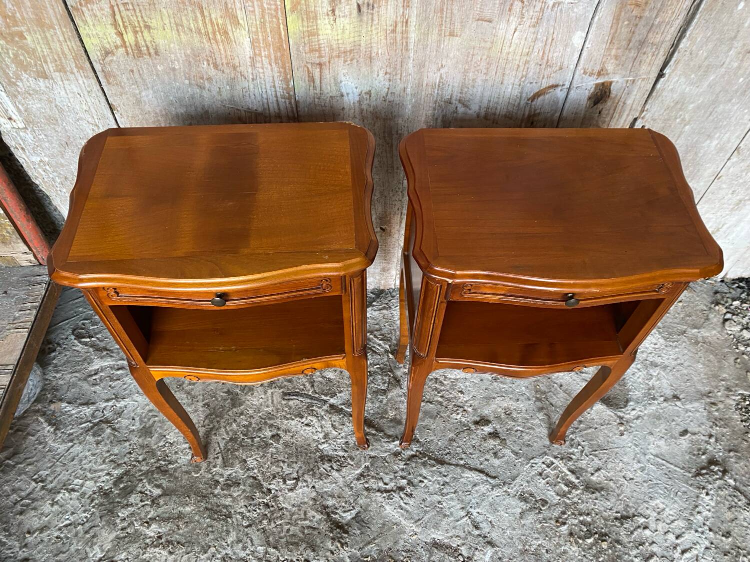 Pair of louis xv style bedside tables in cherry wood + drawer