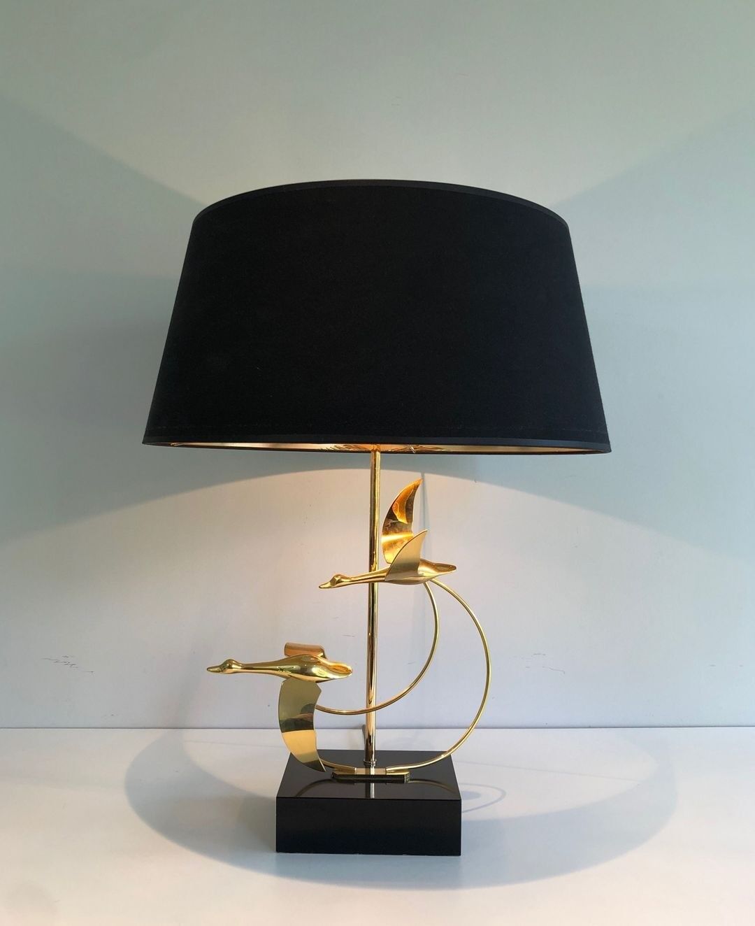 Brass Table Lamp with Wild Goose Flight, French Work, circa 1970