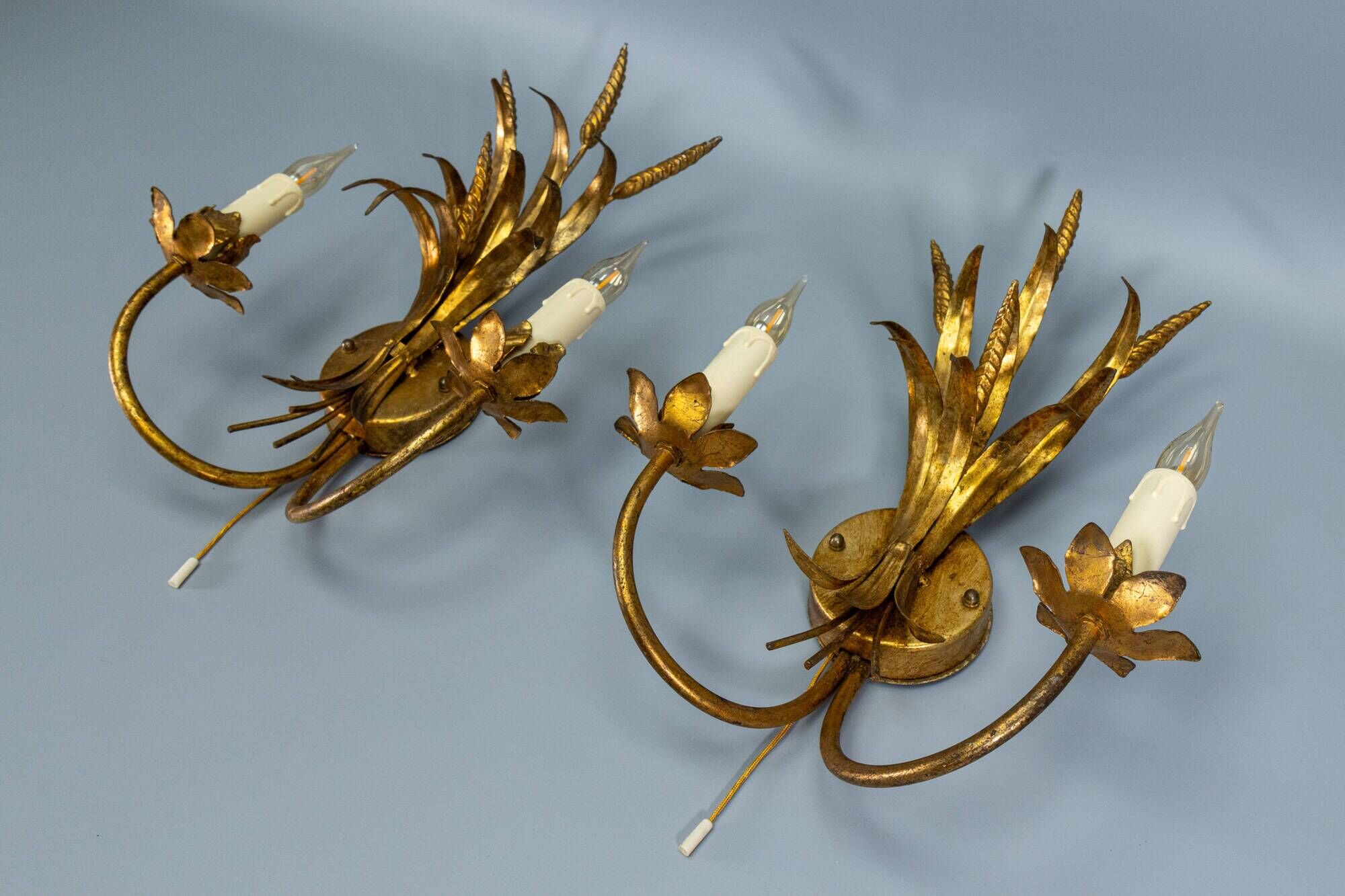 Pair of Hollywood Regency Style Gilt Metal Double-Arm Wheat Sconces, 1970s