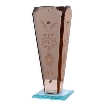 Art Deco Vase in Glass, Mirrored Glass and Wood, France 1920s