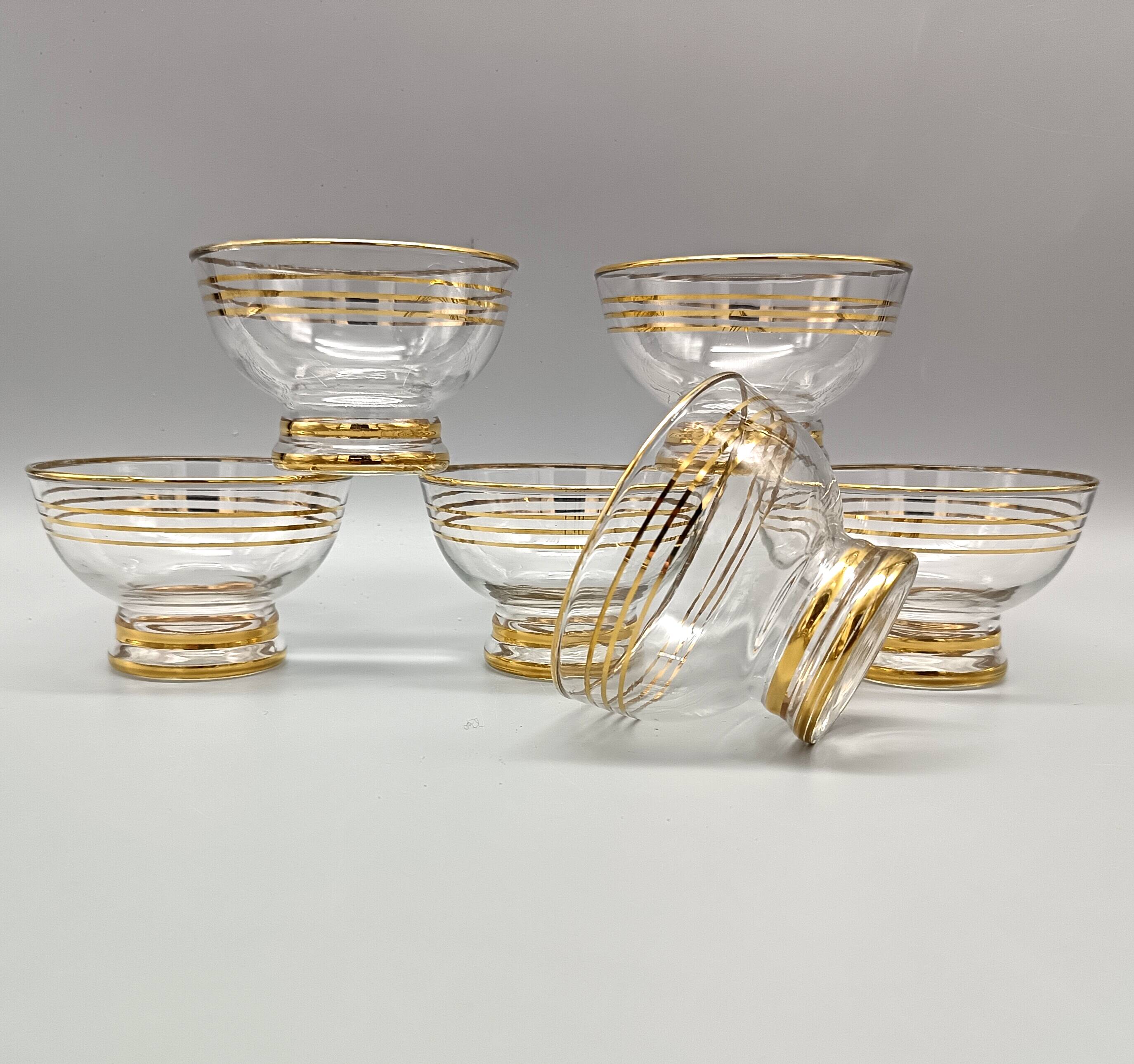 6 champagne coupes, vintage dessert cups from the 50s with gold trim